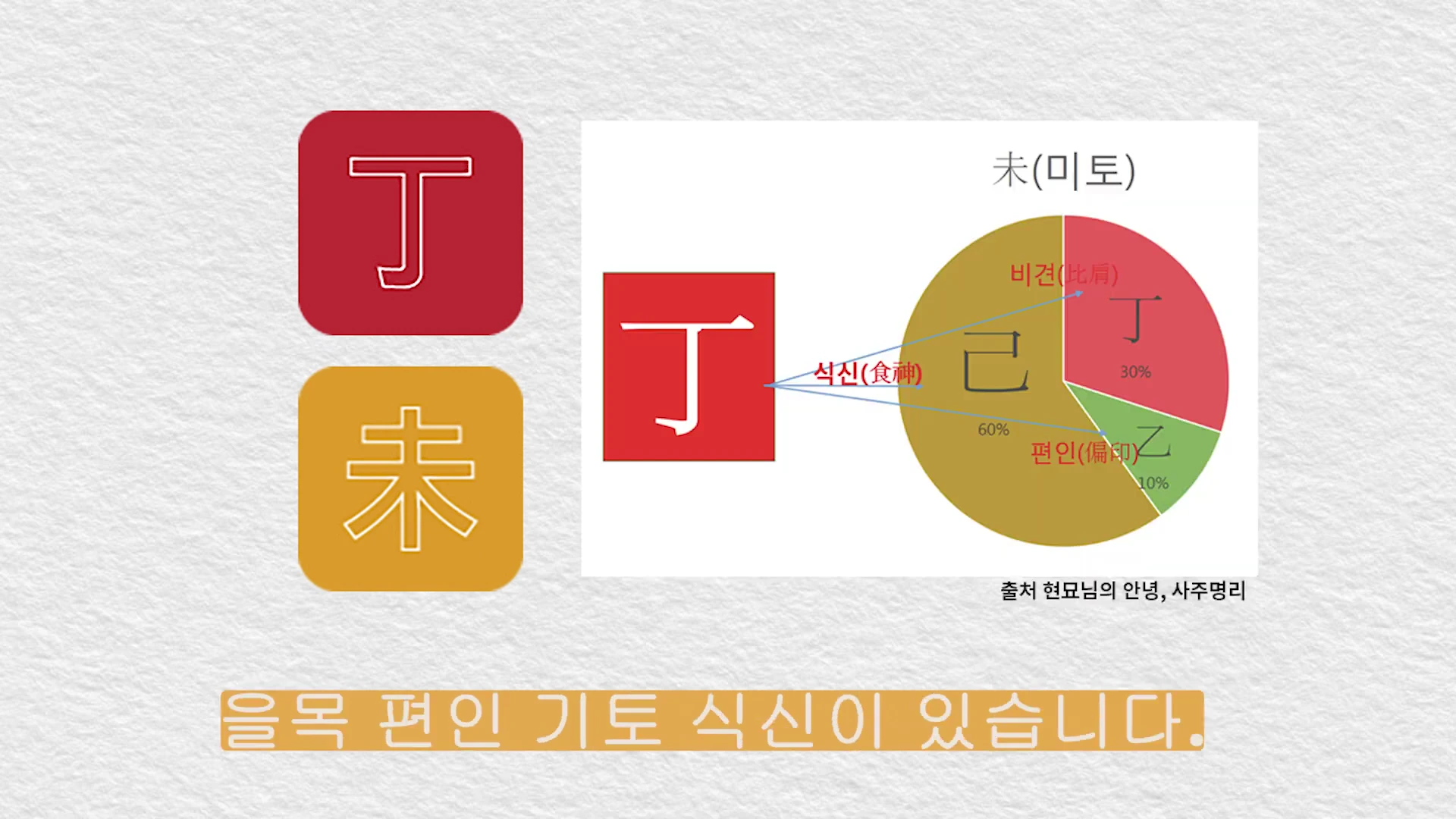 정화(丁)와 미토(未) 한자가 각각 적힌 아이콘 옆에, 비견, 식신, 편인의 구성비를 나타내는 파이 차트가 그려진 도표가 보입니다.