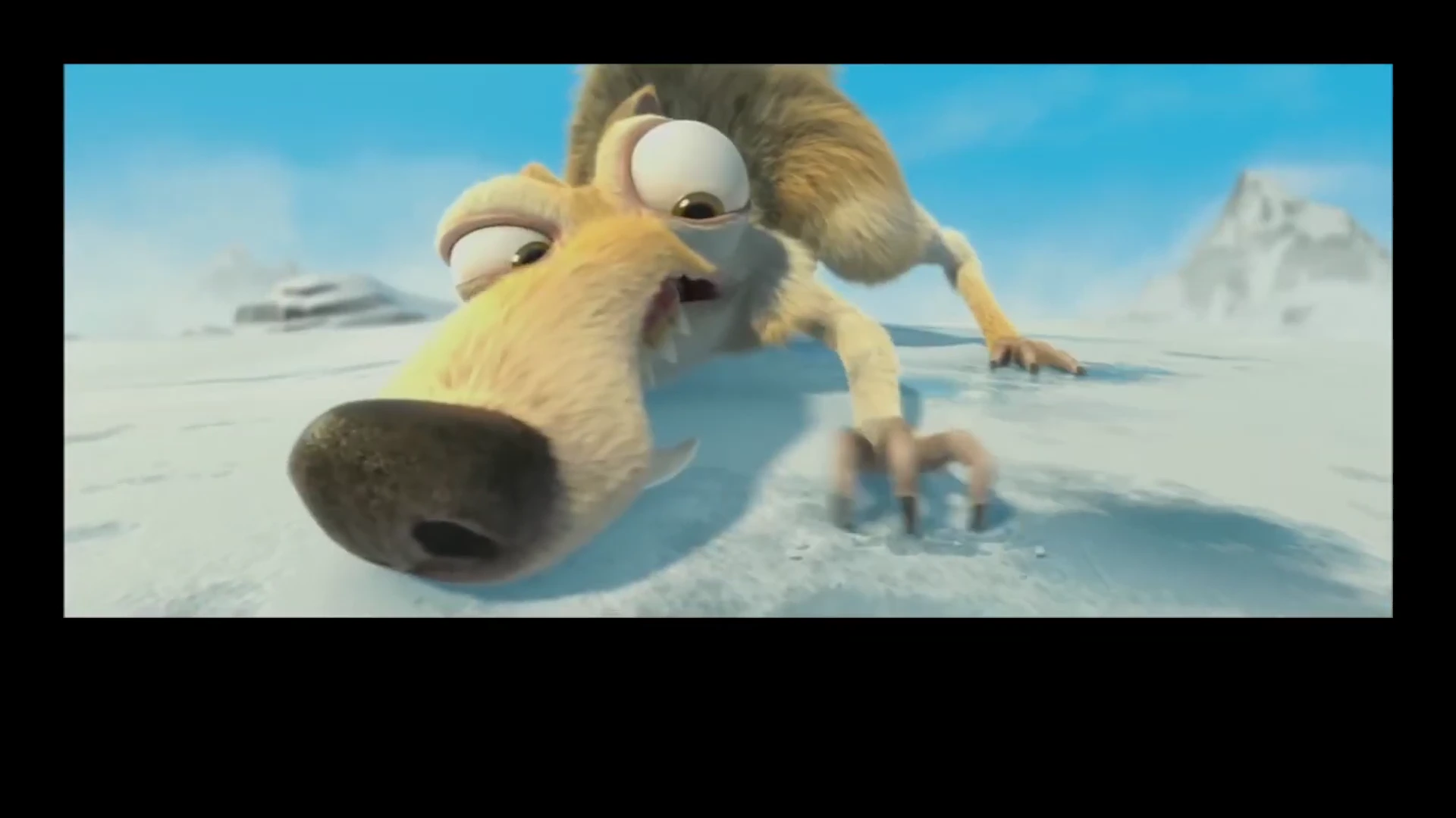 눈 덮인 배경 위에 다람쥐처럼 생긴 캐릭터가 코를 땅에 박고 당황스러운 표정으로 몸을 낮추고 있는 애니메이션 장면.