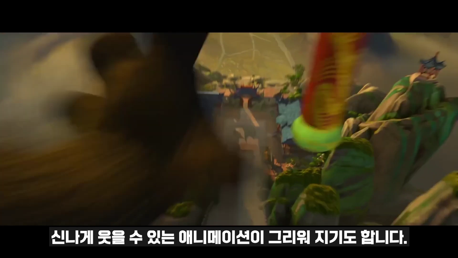 애니메이션 영화의 한 장면으로, 거대한 붉은색 막대기가 빠른 속도로 움직이며 산악 지형 위에 있는 전통 양식의 건물을 향해 내려오는 역동적인 모습입니다.