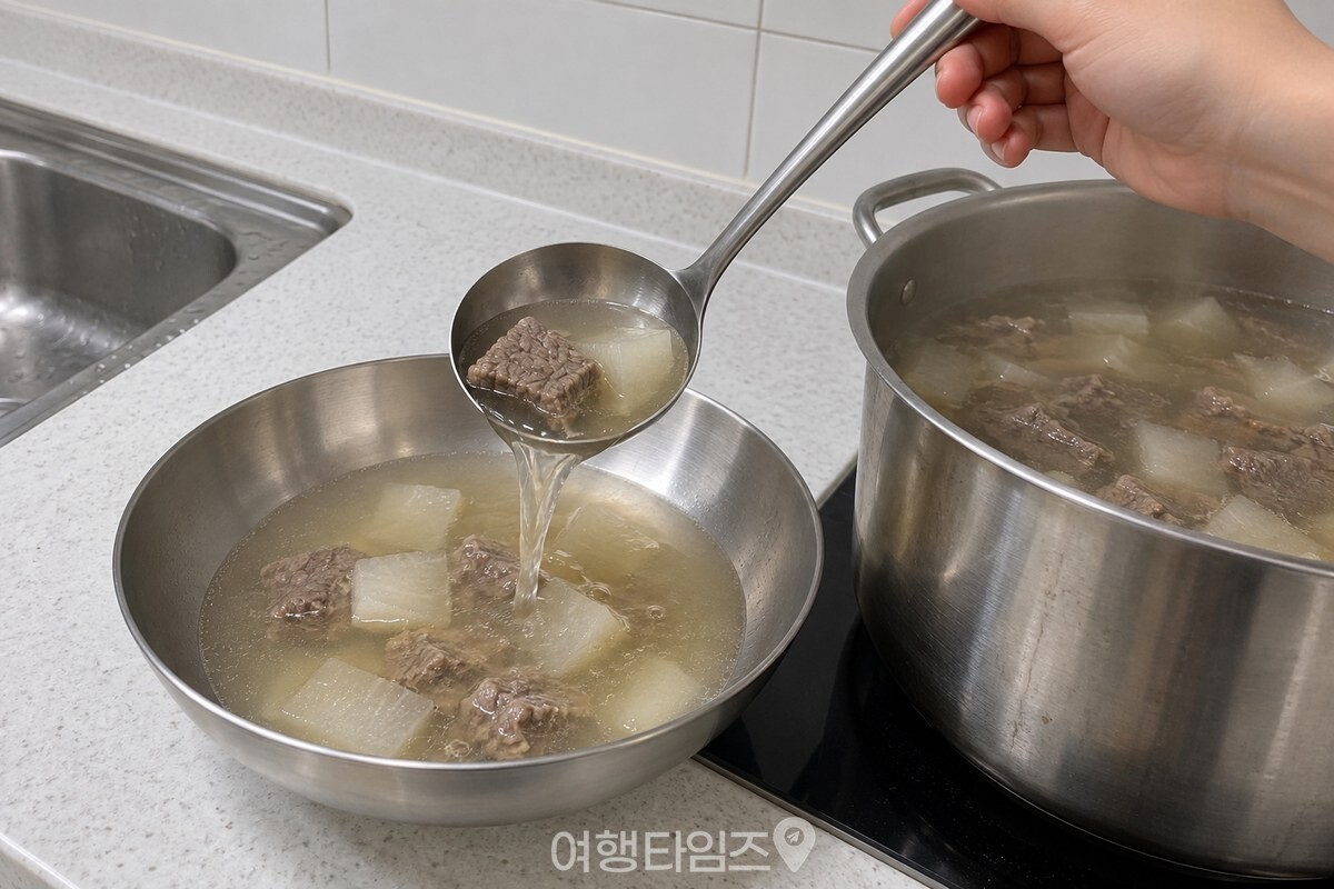 국자가 든 손이 뜨거운 국을 얕은 그릇에 나누어 담는 모습. / 기사 이해를 돕기 위한 생성형 이미지