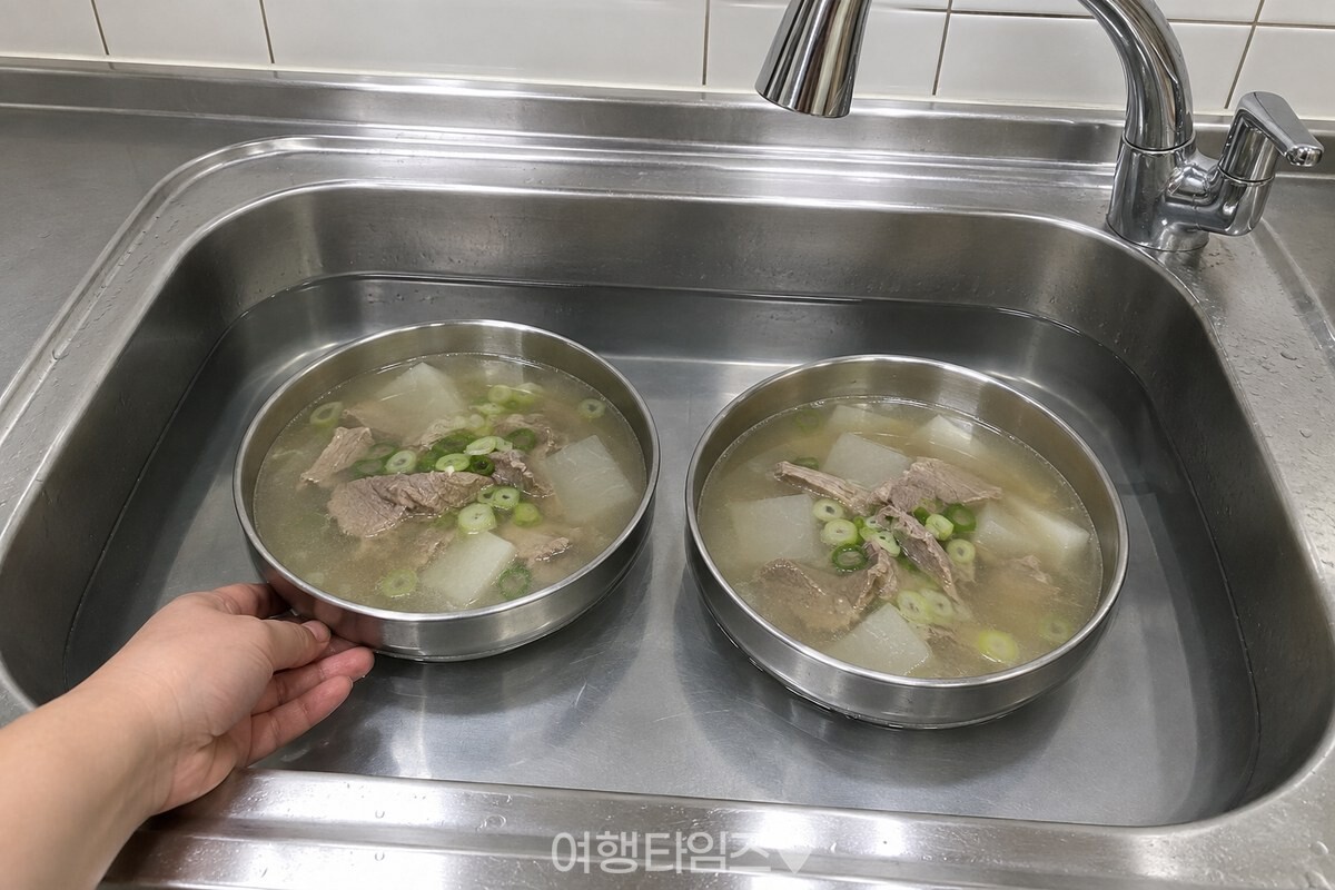 싱크대의 찬물에 얕은 국그릇을 담가 식히는 모습. / 기사 이해를 돕기 위한 생성형 이미지