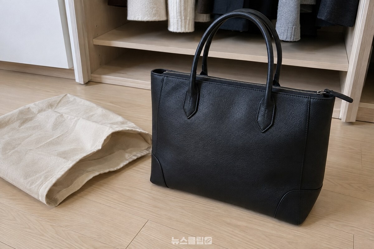 장롱에서 꺼낸 검은 가죽 토트백과 벗겨 둔 부직포 커버가 깨끗한 방 바닥에 놓여 있다. / 기사 이해를 돕기 위한 생성형 이미지