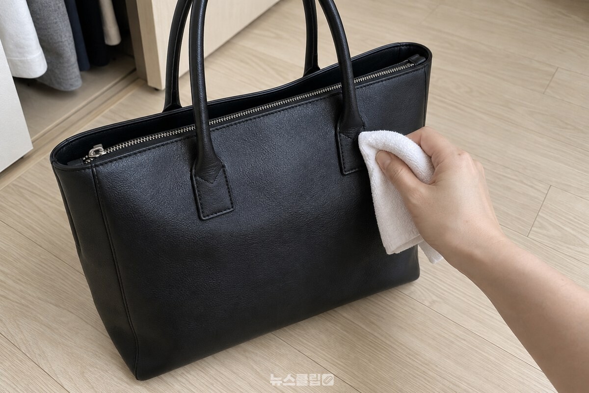 손이 마른 흰 천으로 가죽 가방의 손잡이 연결 부위를 닦고 있다. / 기사 이해를 돕기 위한 생성형 이미지