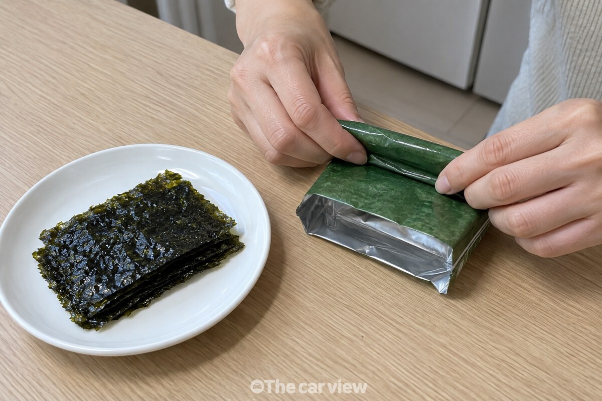 식탁 위 접시에 한 끼 분량만 덜어 놓고 김 봉지는 바로 밀봉하는 모습. / 기사 이해를 돕기 위한 생성형 이미지
