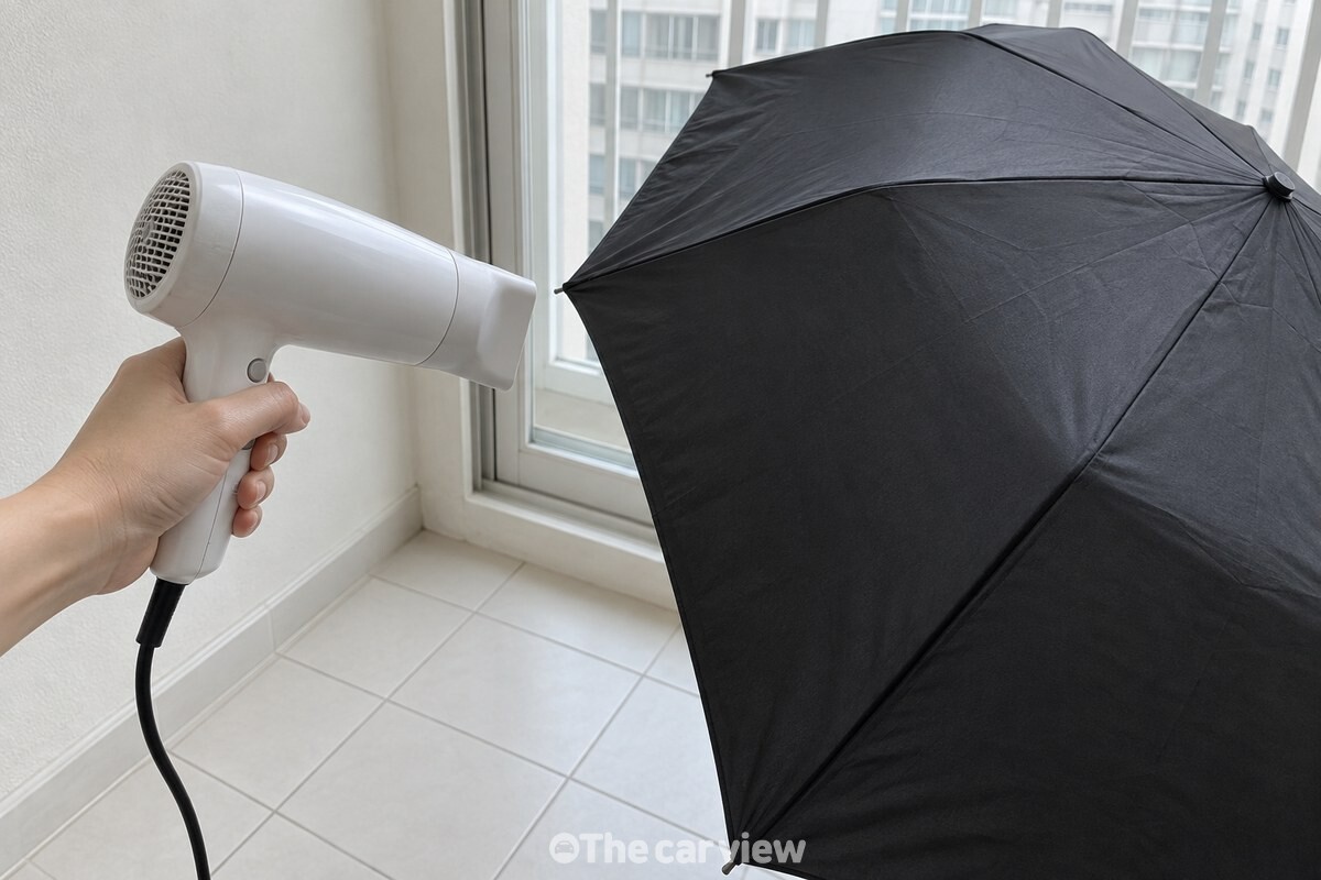 손이 검은 우산 겉면에서 10~15cm 떨어진 드라이어를 움직이고 있다. / 기사 이해를 돕기 위한 생성형 이미지