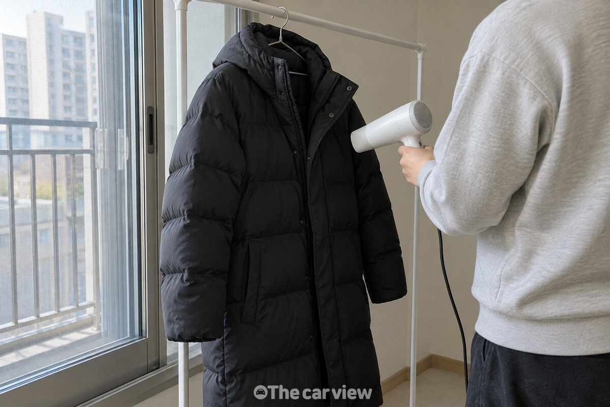 방에 걸어 둔 외투에 헤어드라이어를 거리를 두고 움직이며 온풍을 쐬는 모습. / 기사 이해를 돕기 위한 생성형 이미지