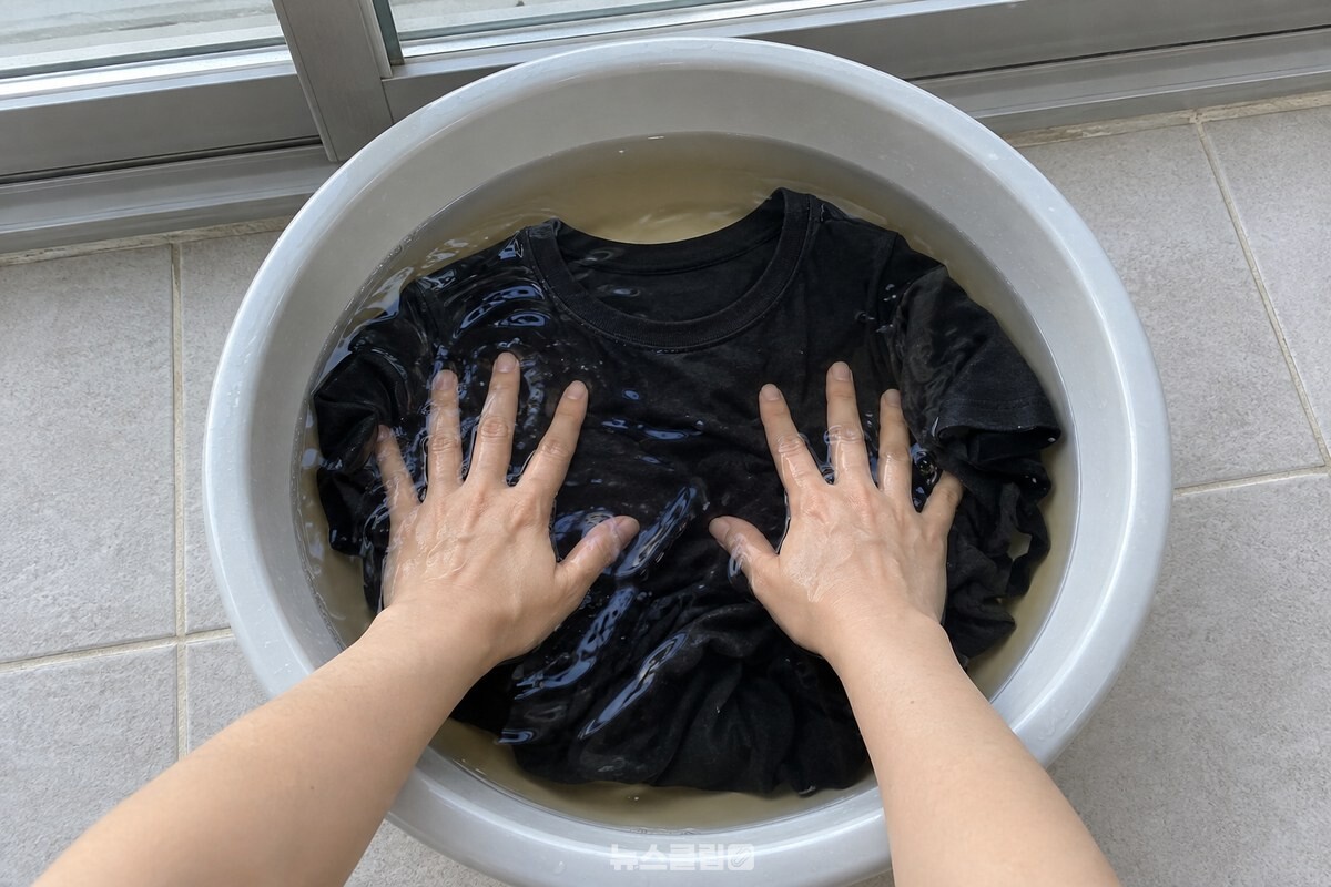 찬물과 맥주를 섞은 대야에서 검은 면 티셔츠를 손바닥으로 누르는 모습. / 기사 이해를 돕기 위한 생성형 이미지