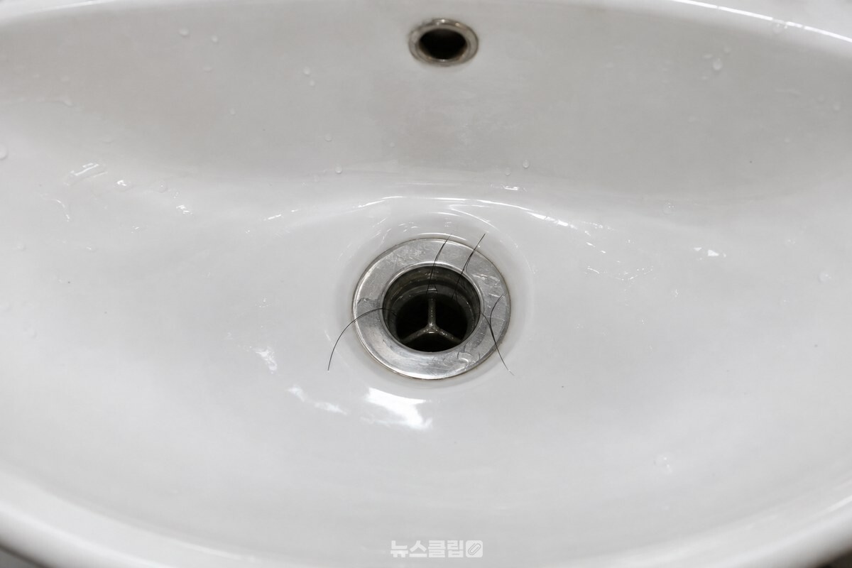 마개를 뺀 세면대 배수구 가장자리에 머리카락 몇 올이 걸려 있는 가까운 모습. / 기사 이해를 돕기 위한 생성형 이미지