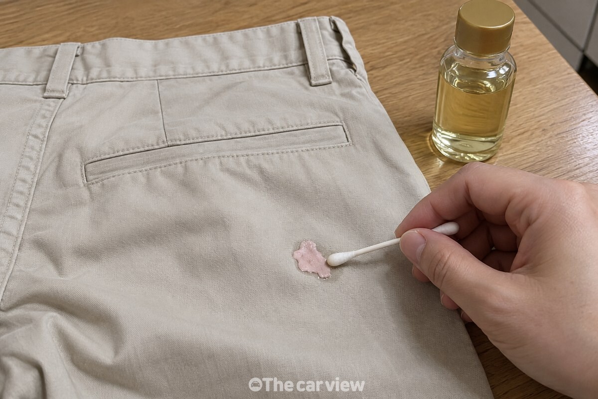 평평하게 편 바지 천 위에서 면봉으로 껌 가장자리에 식용유를 바르는 모습. / 기사 이해를 돕기 위한 생성형 이미지