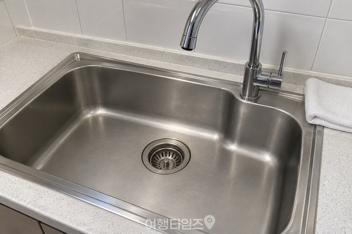 물기를 닦아낸 스테인리스 싱크볼과 수전 주변을 가까이에서 담은 모습. / 기사 이해를 돕기 위한 생성형 이미지