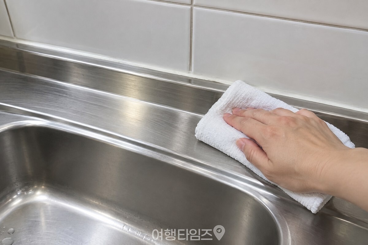 마른 수건으로 싱크대 가장자리를 같은 방향으로 마무리 닦는 모습. / 기사 이해를 돕기 위한 생성형 이미지