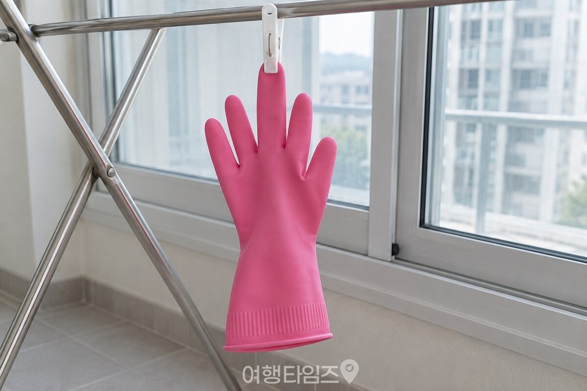 빨래집게로 손가락 끝을 집어 그늘진 베란다 건조대에 거꾸로 걸어 둔 고무장갑. / 기사 이해를 돕기 위한 생성형 이미지
