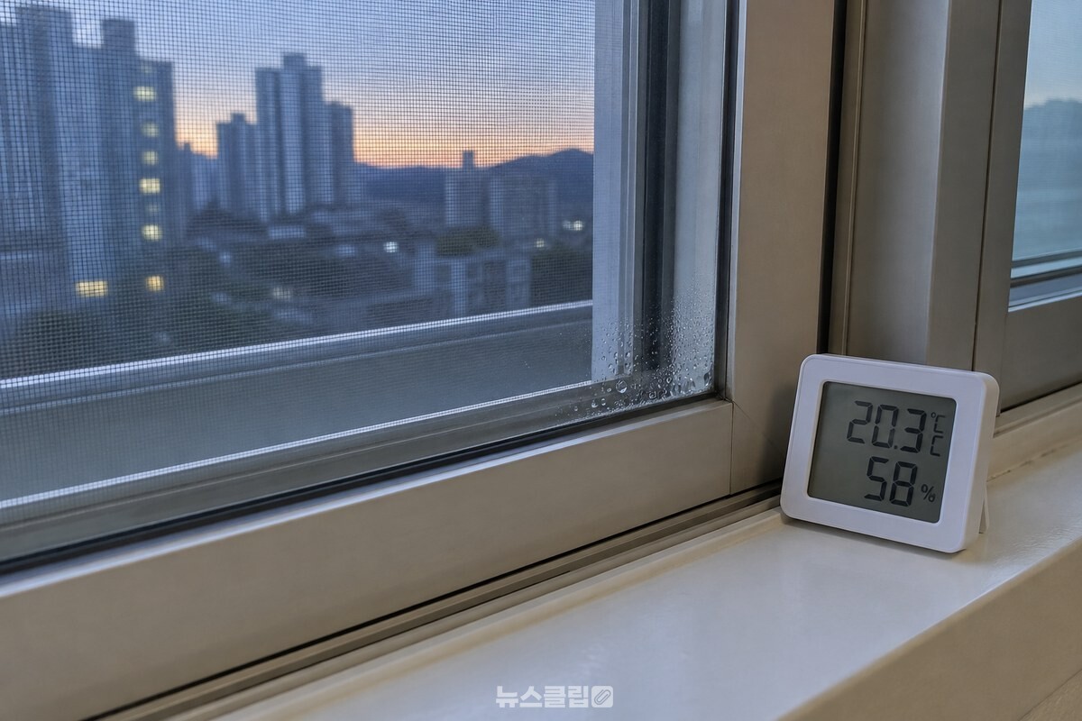 해 뜨기 전 거실의 닫힌 미닫이 창에 맺힌 옅은 습기와 실내 습도계를 가까이 담은 모습. / 기사 이해를 돕기 위한 생성형 이미지