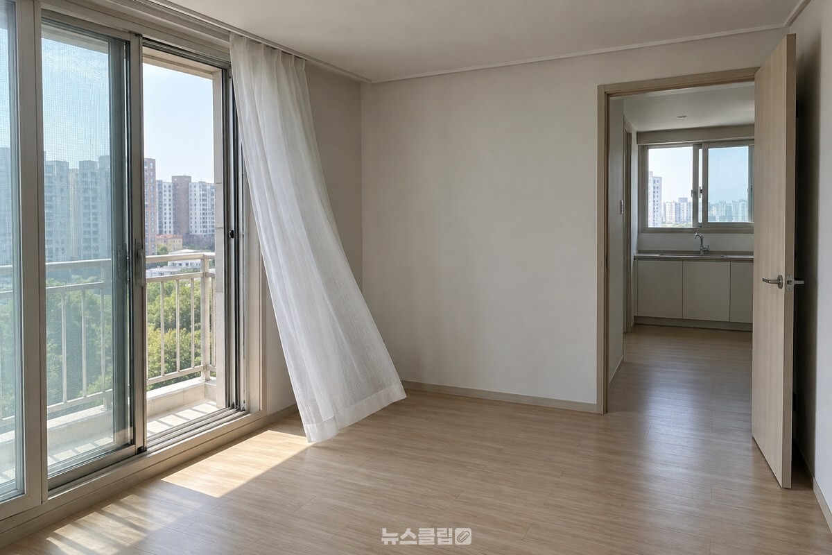 오전의 거실에서 마주 보는 두 미닫이 창과 열린 방문 사이로 커튼이 한쪽으로 움직이는 모습. / 기사 이해를 돕기 위한 생성형 이미지