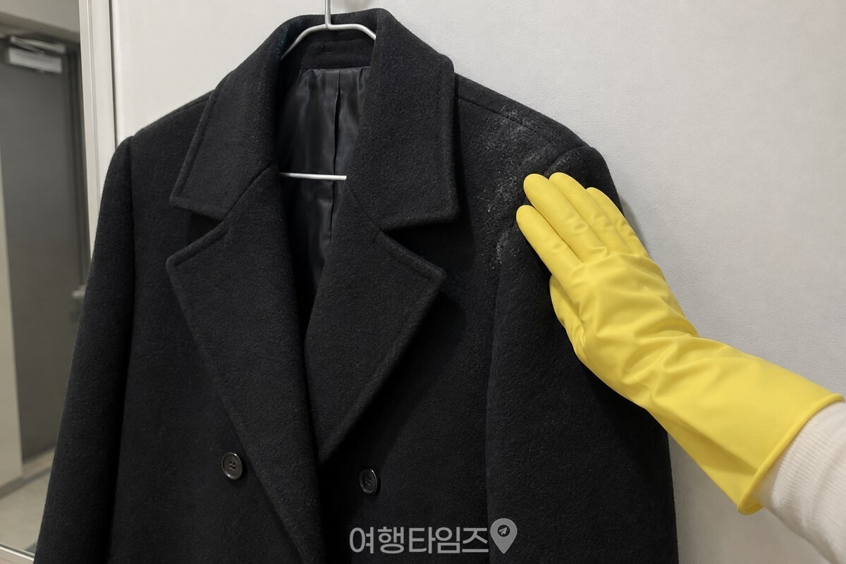 현관 옷걸이에 건 검은 모직 코트의 어깨를 고무장갑 낀 손이 결 따라 쓸어내리고 있다. / 기사 이해를 돕기 위한 생성형 이미지