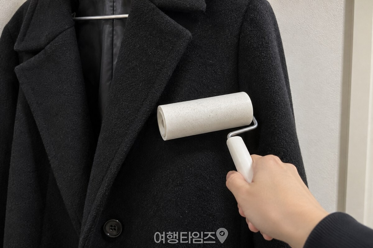 모직 코트 표면 위로 테이프 클리너를 한 번 굴리는 모습을 가까이에서 담았다. / 기사 이해를 돕기 위한 생성형 이미지