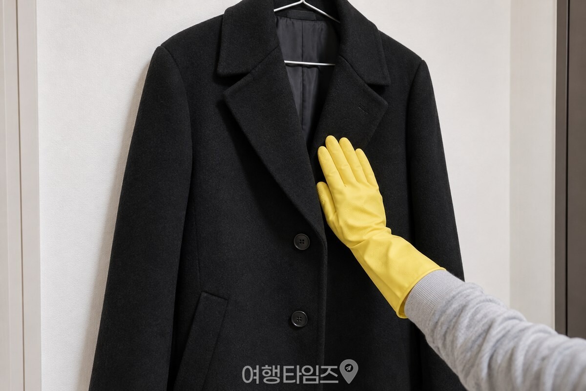 옷걸이에 건 모직 코트의 앞면을 고무장갑 낀 손이 위에서 아래로 한 방향으로 쓸고 있다. / 기사 이해를 돕기 위한 생성형 이미지
