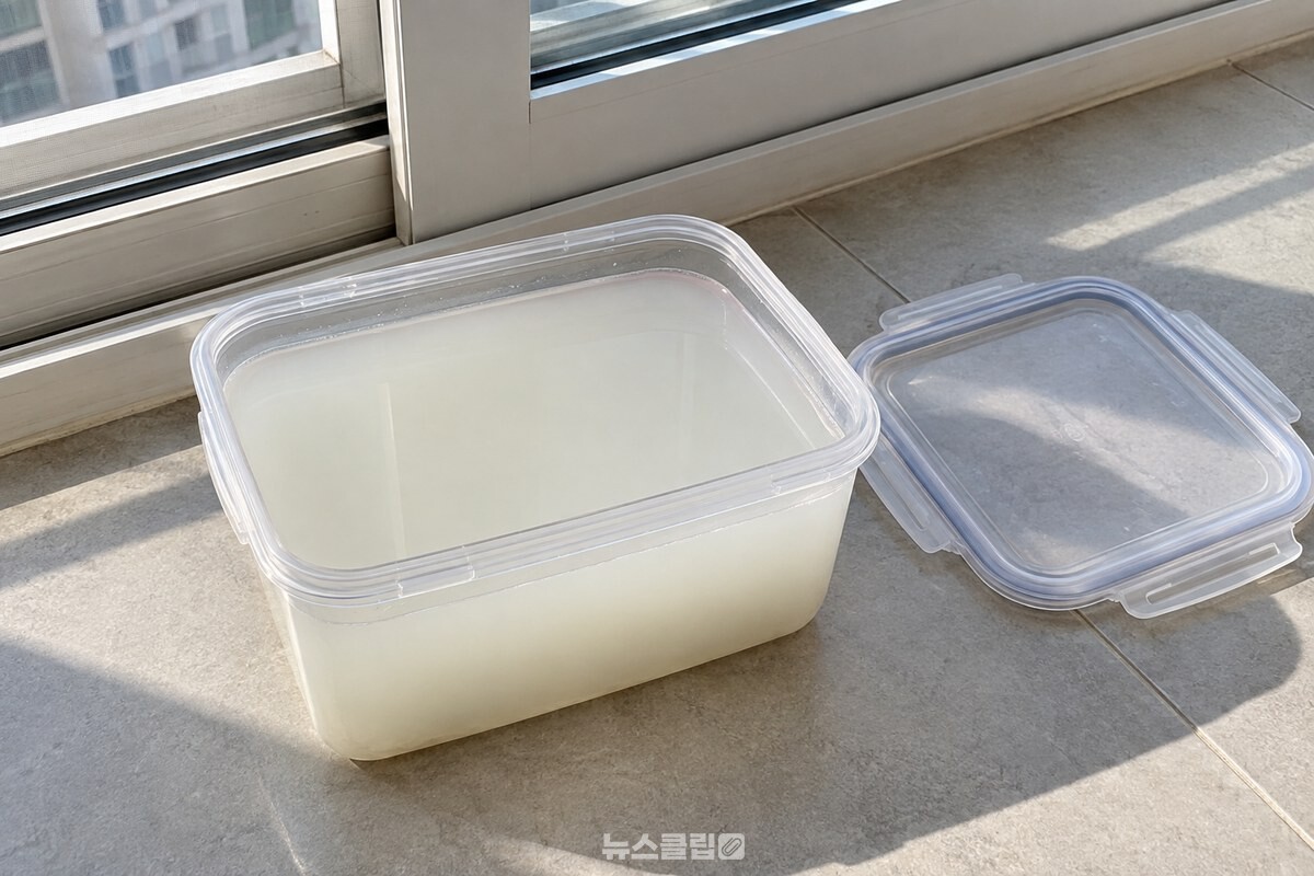 쌀뜨물을 가득 채운 투명 플라스틱 반찬통과 옆에 둔 뚜껑이 햇빛 드는 창가에 놓여 있다. / 기사 이해를 돕기 위한 생성형 이미지