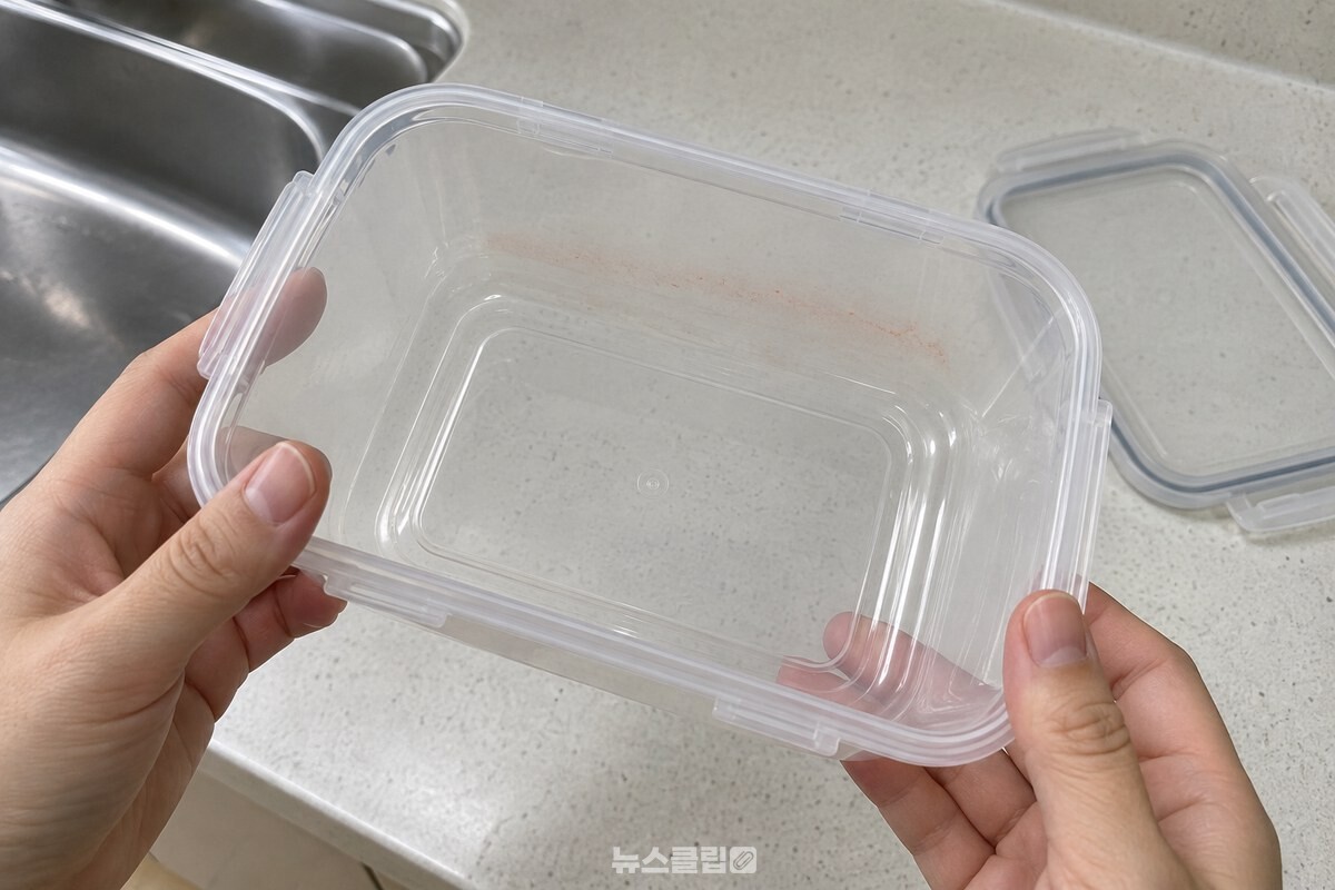 깨끗이 씻은 투명 반찬통 안쪽 한 면에만 옅은 붉은 기가 남아 있다. / 기사 이해를 돕기 위한 생성형 이미지