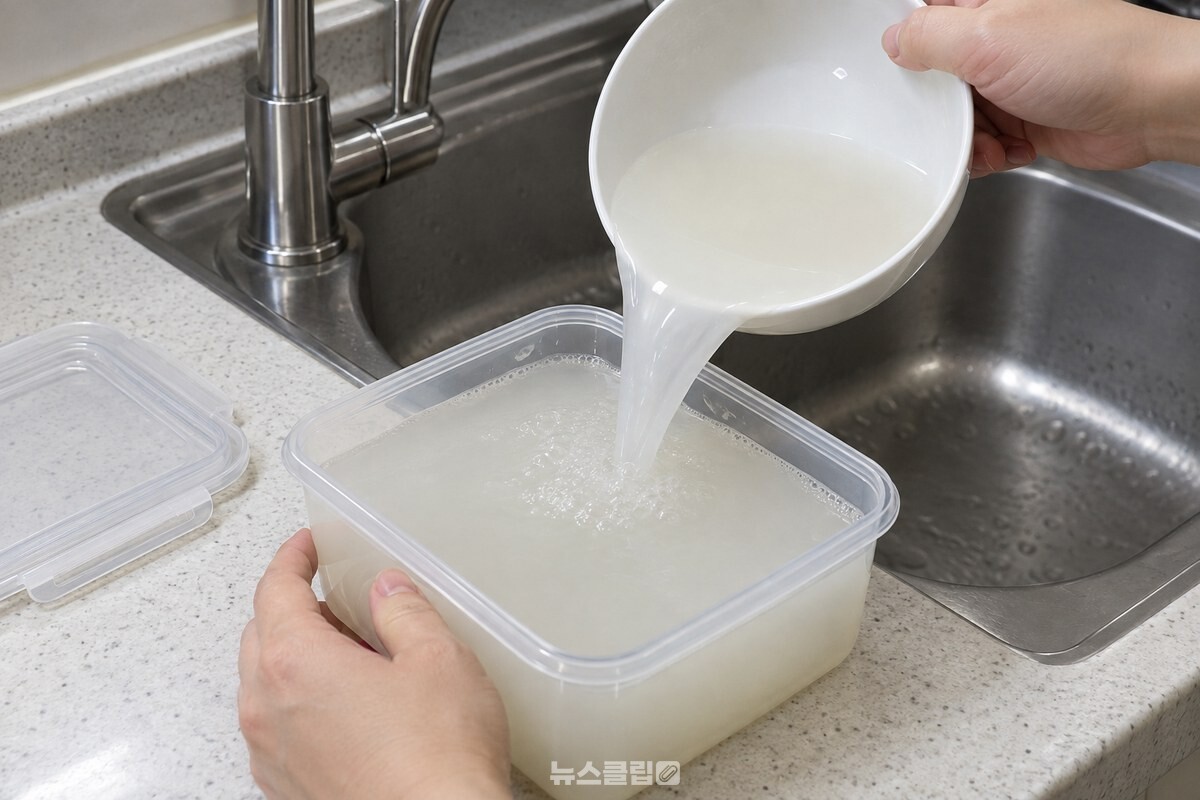 두 번째 쌀뜨물이 담긴 투명 반찬통을 깨끗한 싱크대 옆에서 위쪽으로 내려다본 모습이다. / 기사 이해를 돕기 위한 생성형 이미지