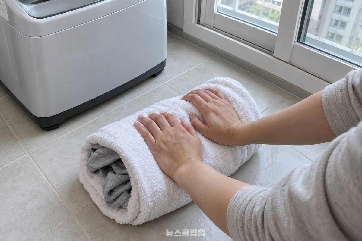 마른 흰 수건으로 감싼 긴팔 티셔츠를 두 손으로 가볍게 눌러 물기를 빼고 있다. / 기사 이해를 돕기 위한 생성형 이미지
