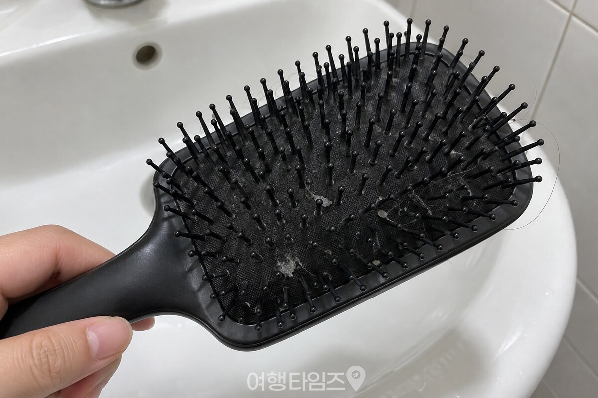 검은 플라스틱 빗의 빗살 밑동 두세 곳에 옅은 하얀 막이 보이는 근접 모습. / 기사 이해를 돕기 위한 생성형 이미지