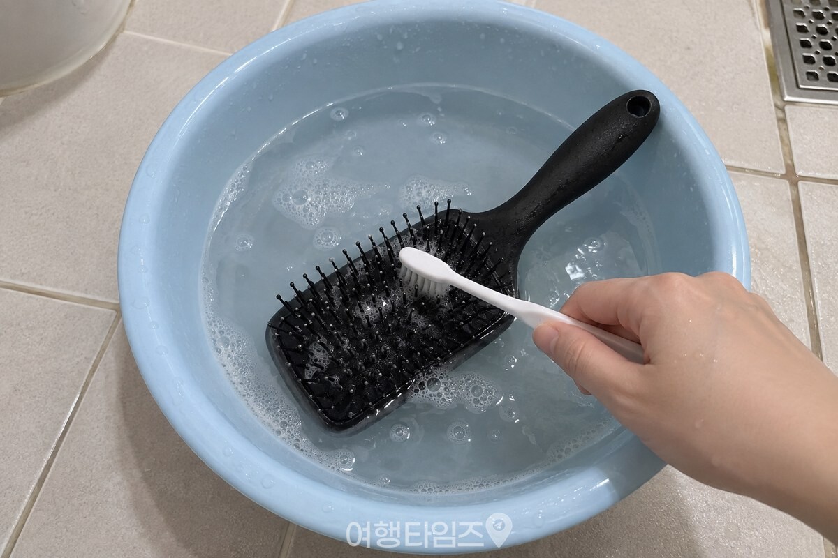 샴푸 거품을 푼 미지근한 물에 머리빗을 담근 뒤 칫솔로 빗살 사이를 훑는 모습. / 기사 이해를 돕기 위한 생성형 이미지
