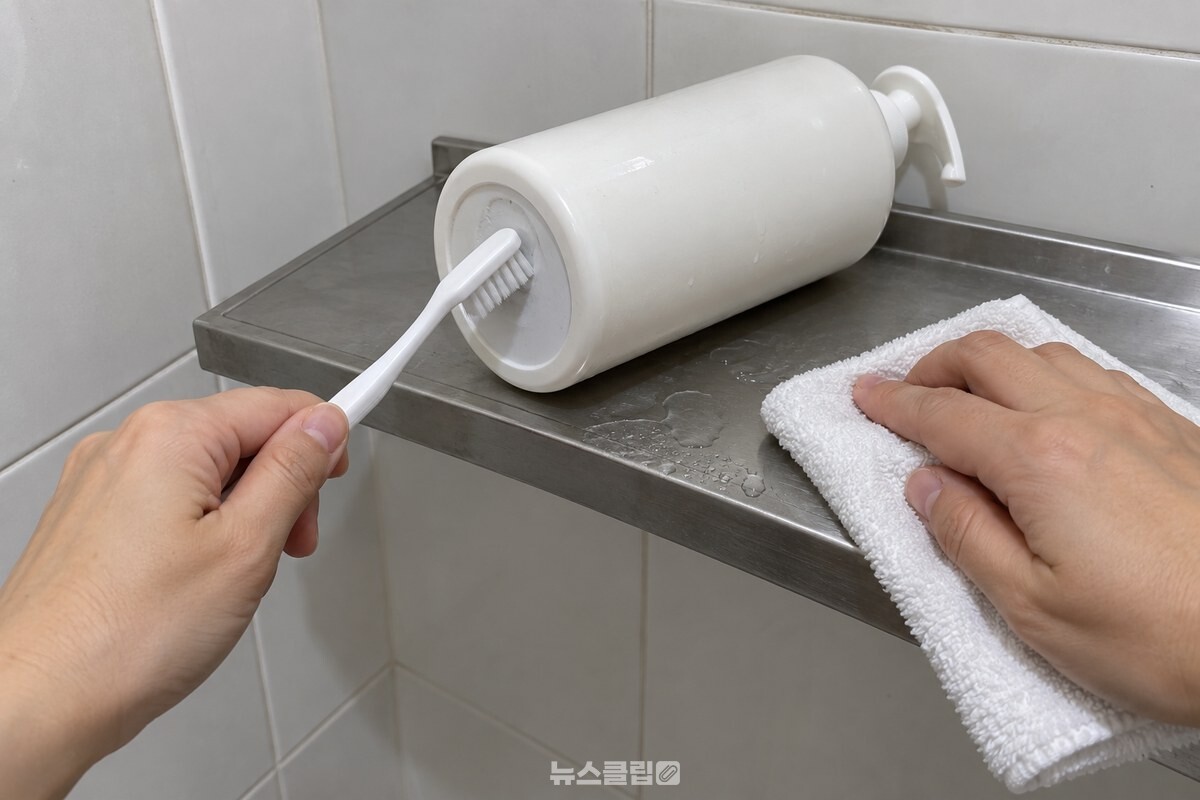 샴푸통 바닥을 칫솔로 닦고 마른 수건으로 선반 물기를 닦는 모습. / 기사 이해를 돕기 위한 생성형 이미지