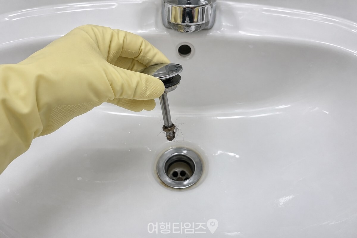 흰 세면대 배수구에서 팝업 마개를 들어 올려 축과 아랫면이 보이는 모습 / 기사 이해를 돕기 위한 생성형 이미지