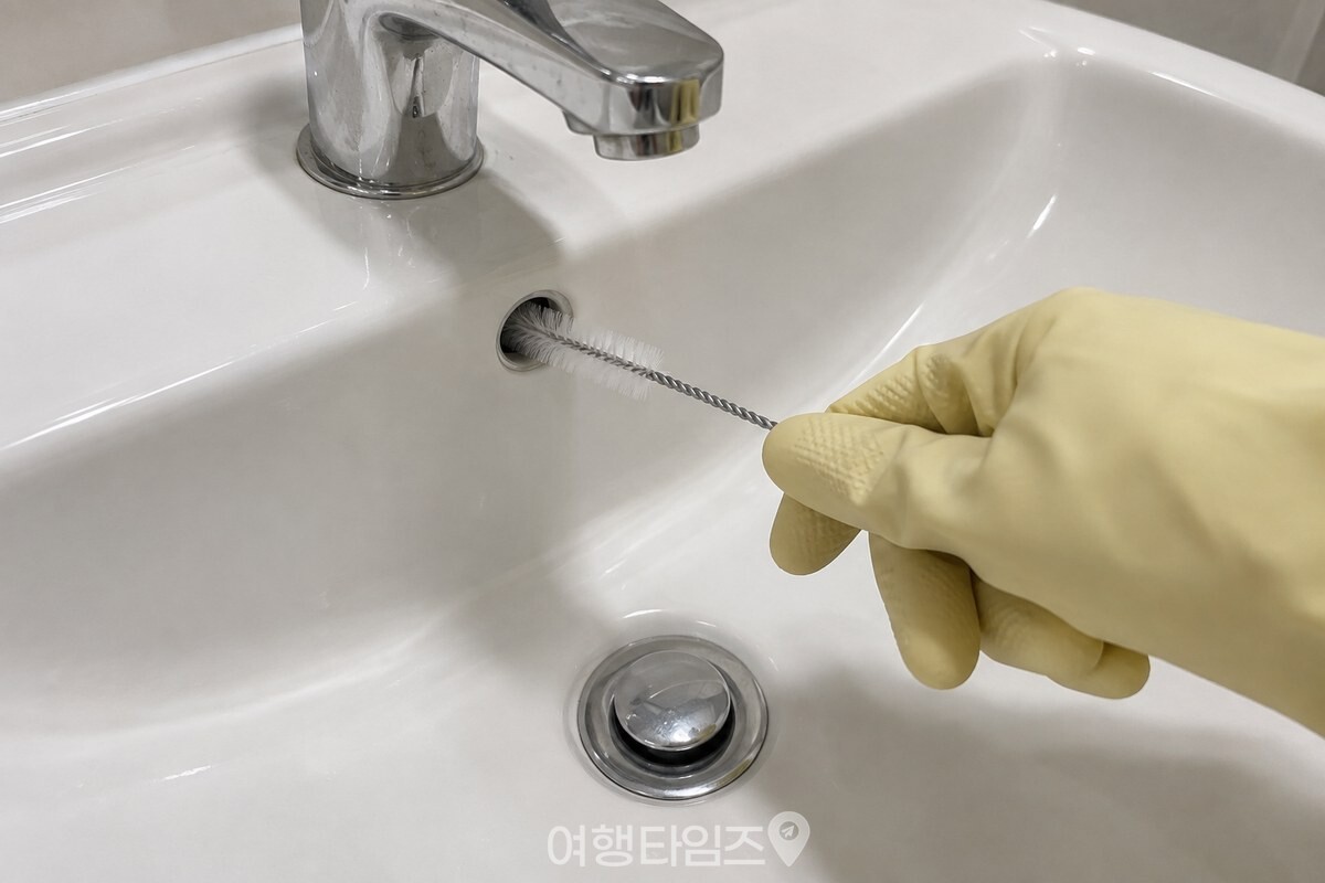 세면대 안쪽 벽 테두리 바로 아래의 오버플로우 구멍에 가는 병솔을 넣은 모습 / 기사 이해를 돕기 위한 생성형 이미지