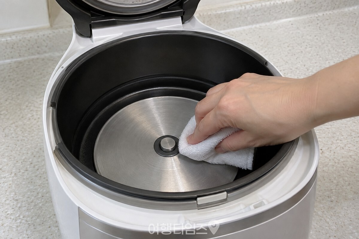 마른 천으로 전기밥솥 안쪽 열판과 가운데 센서 주변을 닦는 모습 / 기사 이해를 돕기 위한 생성형 이미지