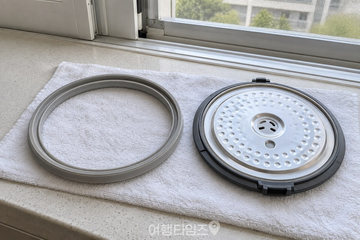 고무 패킹의 홈이 위로 향하도록 마른 면수건 위에 펼쳐 둔 모습 / 기사 이해를 돕기 위한 생성형 이미지