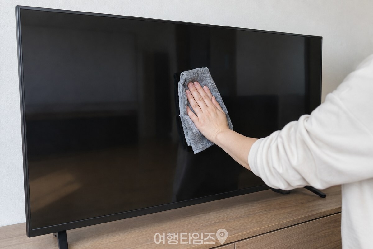 전원을 끈 TV 화면을 젖은 극세사 천으로 위에서 아래로 한 방향으로 닦는 모습. / 기사 이해를 돕기 위한 생성형 이미지