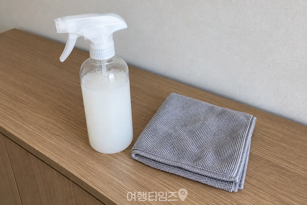 물과 섬유유연제를 담은 분무기, 접은 극세사 천을 깨끗한 거실 선반 위에 준비한 모습. / 기사 이해를 돕기 위한 생성형 이미지