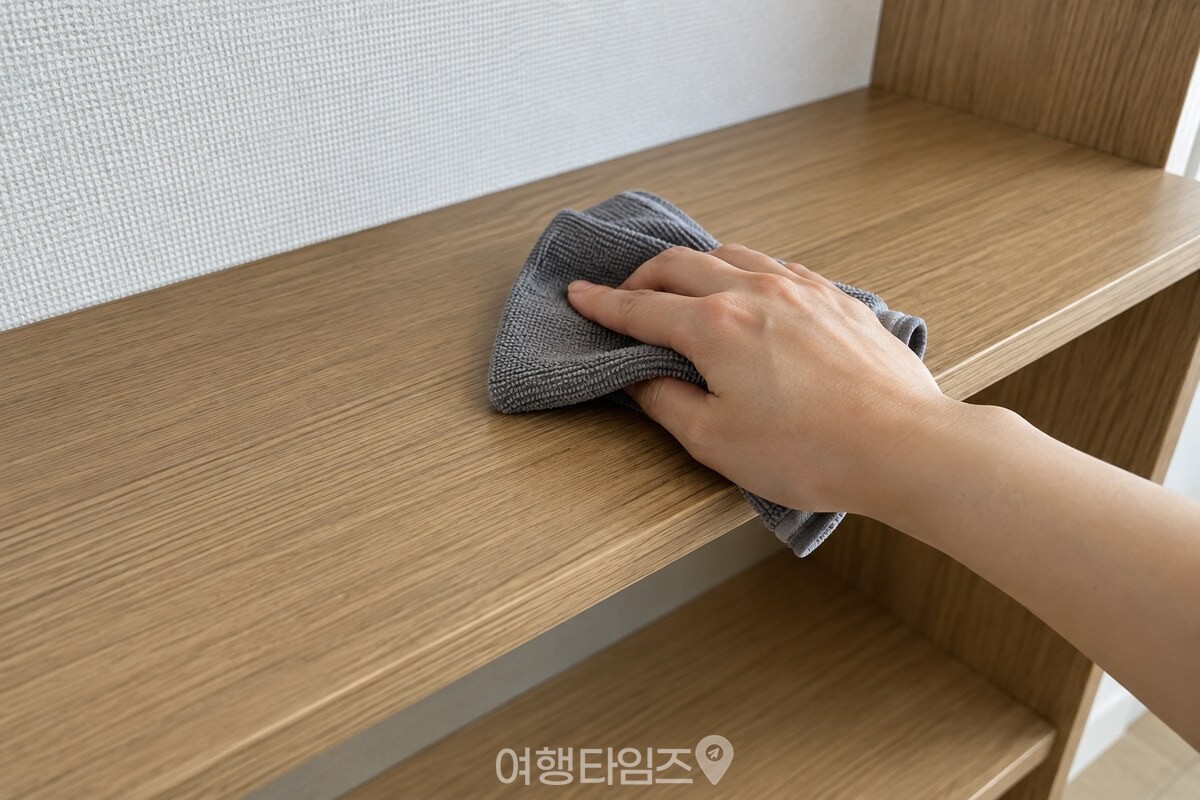 마른 극세사 천으로 코팅 목재 선반 위를 먼저 닦아 내는 모습. / 기사 이해를 돕기 위한 생성형 이미지