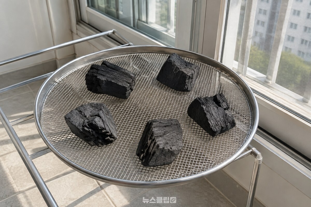 햇볕이 드는 베란다 채반 위에 숯 덩이를 겹치지 않게 펼쳐 둔 모습. / 기사 이해를 돕기 위한 생성형 이미지
