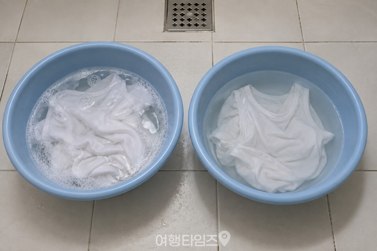 욕실 바닥에 놓인 두 대야에 같은 온도의 손빨래 물과 헹굼물이 준비된 모습. / 기사 이해를 돕기 위한 생성형 이미지