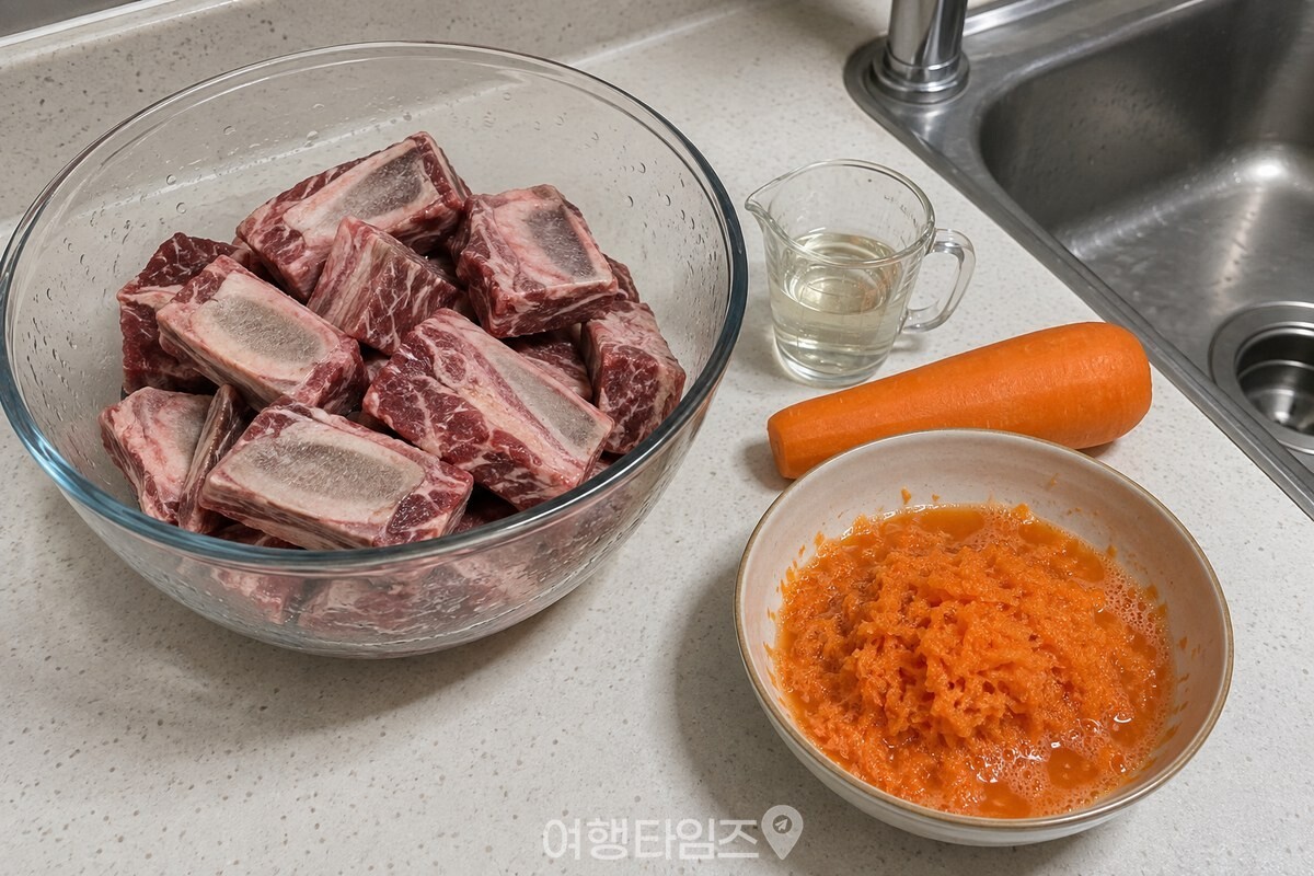 큰 볼에 담긴 갈비에 주황빛 당근즙과 맛술을 붓기 전의 준비 모습. / 기사 이해를 돕기 위한 생성형 이미지