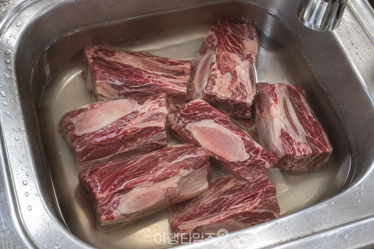 맑은 물에 담긴 갈비의 뼈와 살 사이가 가까운 거리에서 보이는 모습. / 기사 이해를 돕기 위한 생성형 이미지