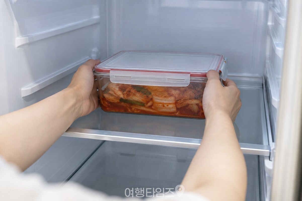 냉장고 안쪽 선반에 뚜껑을 닫은 김치통을 놓는 모습. / 기사 이해를 돕기 위한 생성형 이미지