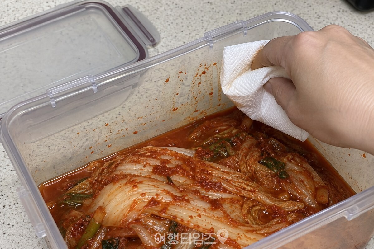 키친타월로 김치통 안쪽 윗부분을 닦아 내는 모습. / 기사 이해를 돕기 위한 생성형 이미지
