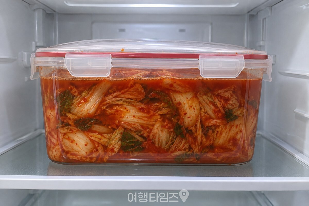 김치 국물 위에 작은 거품이 보이고 뚜껑 가장자리가 살짝 들린 김치통. / 기사 이해를 돕기 위한 생성형 이미지