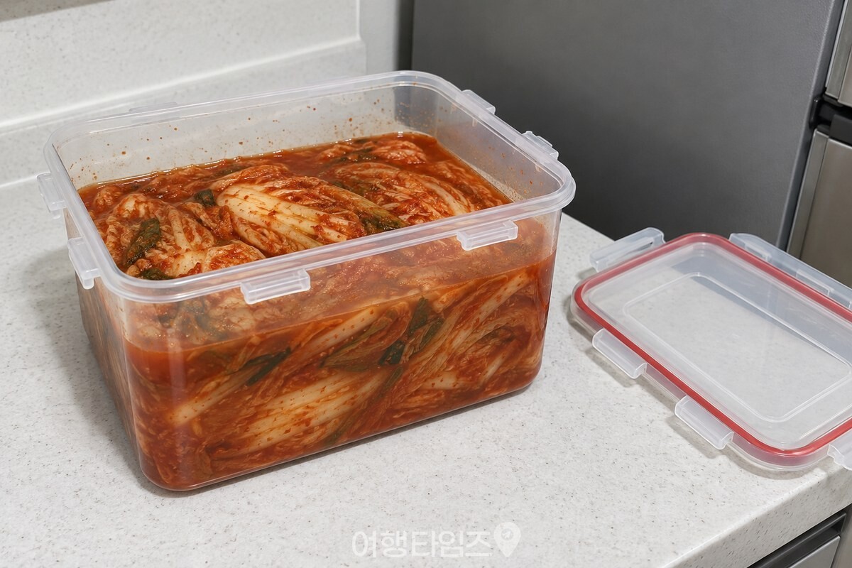 투명 김치통에 김치를 통 높이의 약 80%까지만 담아 위쪽 공간을 남긴 모습. / 기사 이해를 돕기 위한 생성형 이미지