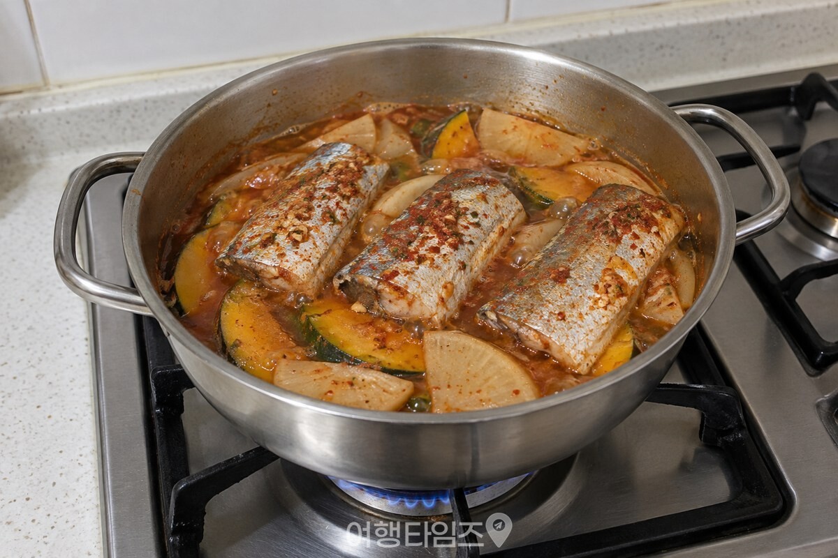 양념을 올린 갈치와 단호박이 국물에 반쯤 잠긴 채 냄비에서 조리되는 모습. / 기사 이해를 돕기 위한 생성형 이미지
