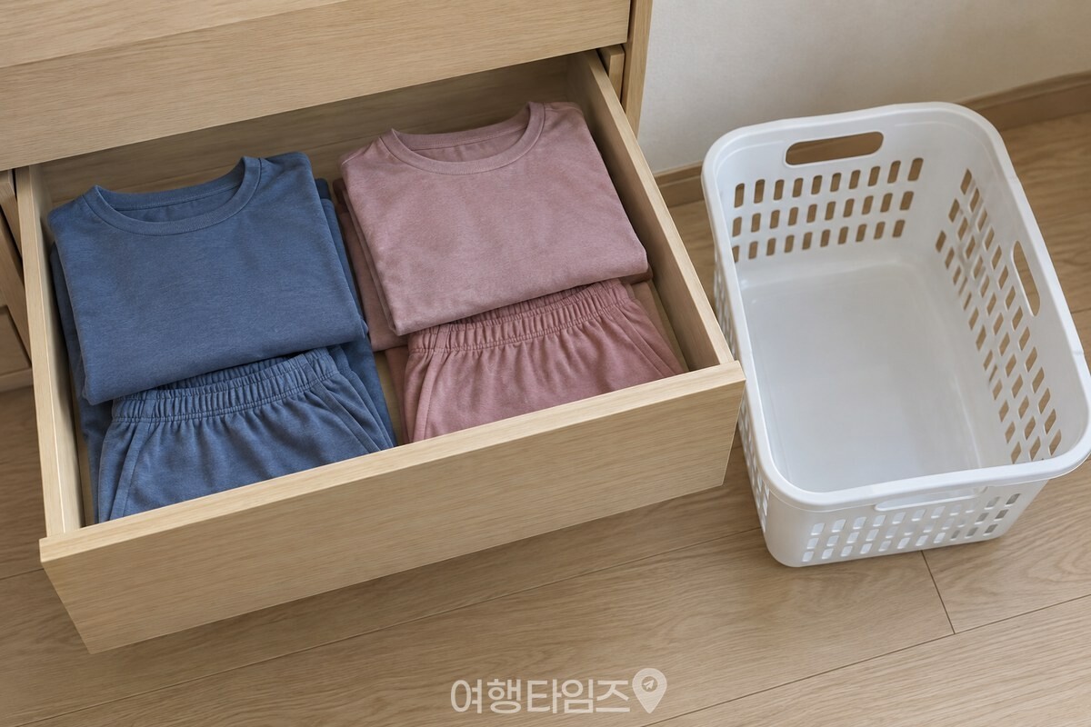 서랍 안에 접어 둔 잠옷 두 벌과 옆의 빈 빨래 바구니를 함께 보여 주는 모습. / 기사 이해를 돕기 위한 생성형 이미지