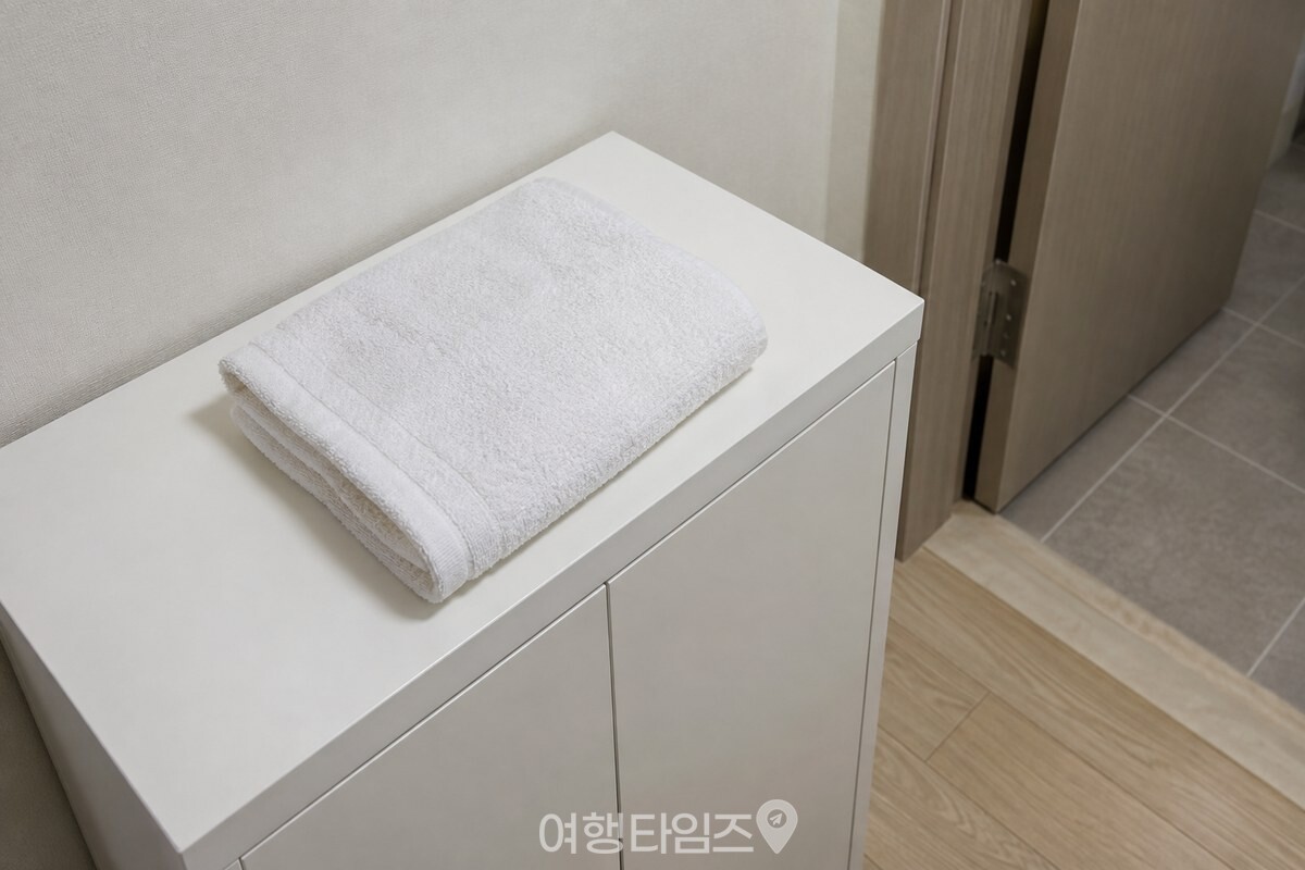 욕실 문 밖 수납장 위에 거울용으로 접어 둔 마른 흰 수건 한 장 / 기사 이해를 돕기 위한 생성형 이미지