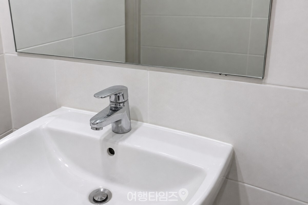 흰 타일 욕실 벽의 직사각형 거울 아래 테두리에만 작은 검은 점들이 보이는 모습 / 기사 이해를 돕기 위한 생성형 이미지