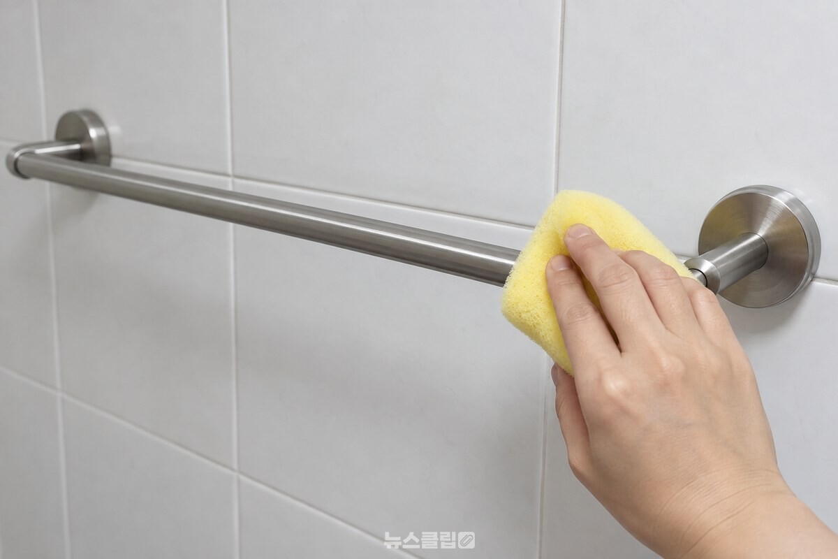 부드러운 노란 수세미로 수건걸이 표면을 가볍게 닦고 있다. / 기사 이해를 돕기 위한 생성형 이미지