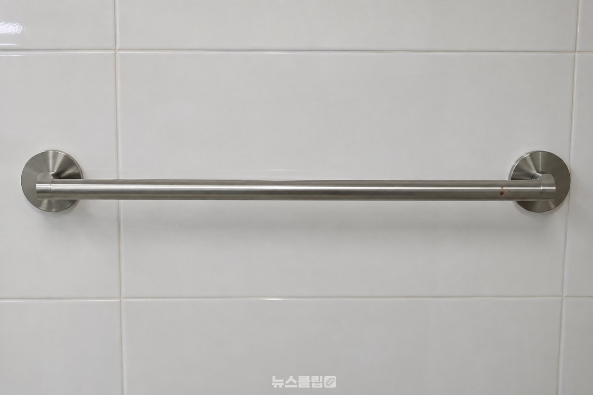 깨끗한 욕실 벽의 스테인리스 수건걸이 한쪽에 작은 붉은 점이 보인다. / 기사 이해를 돕기 위한 생성형 이미지