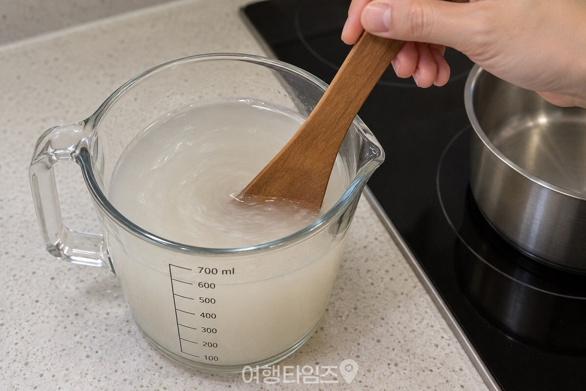 700ml 쌀뜨물을 나무주걱으로 한 번 저어 바닥 전분을 섞고 있다. / 기사 이해를 돕기 위한 생성형 이미지